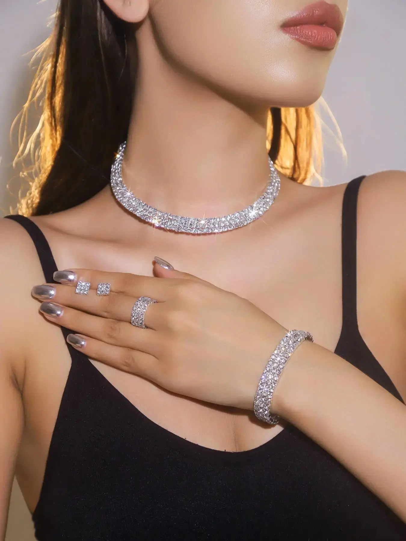 5 Bridal Wedding Jewelry Set, Multi Drainage Diamond Necklace, Earnail Bracelet, Ring Combination Set, Wedding Party Banquet Wedding Dress, Evening Dress Accessories Set, Bride Jewelry Set For Wedding Day