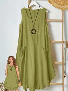 Women's Plus Size Vintage Sleeveless Dress, Pocket Flounce Hem Round Neck A-Line Midi Dress, Summer Vacation Wear