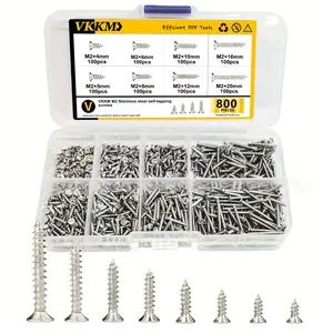 VKKMD M2 Stainless Steel Self-Tapping Screws Set M2×4-20mm Silver 800PCS Durable Corrosion-Resistant DIY Tools
