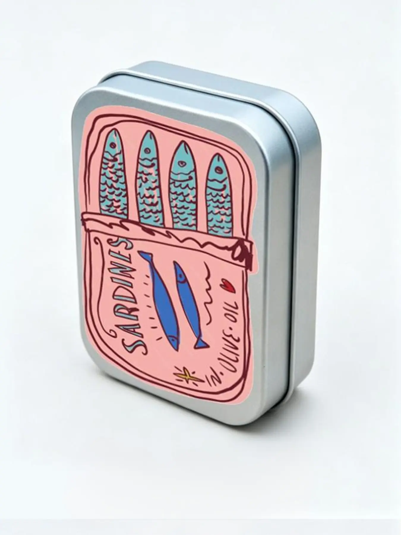 Silver Rectangular Hinged Metal Tin with Sardine Pattern, a DIY Mini Portable Case, Compact Storage Container, Organiser, Portable Storage Organizer. Ideal for storing jewelry, pills, sewing supplies, and more; gift Home Storage Supplies