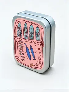 Silver Rectangular Hinged Metal Tin with Sardine Pattern, a DIY Mini Portable Case, Compact Storage Container, Organiser, Portable Storage Organizer. Ideal for storing jewelry, pills, sewing supplies, and more; gift Home Storage Supplies