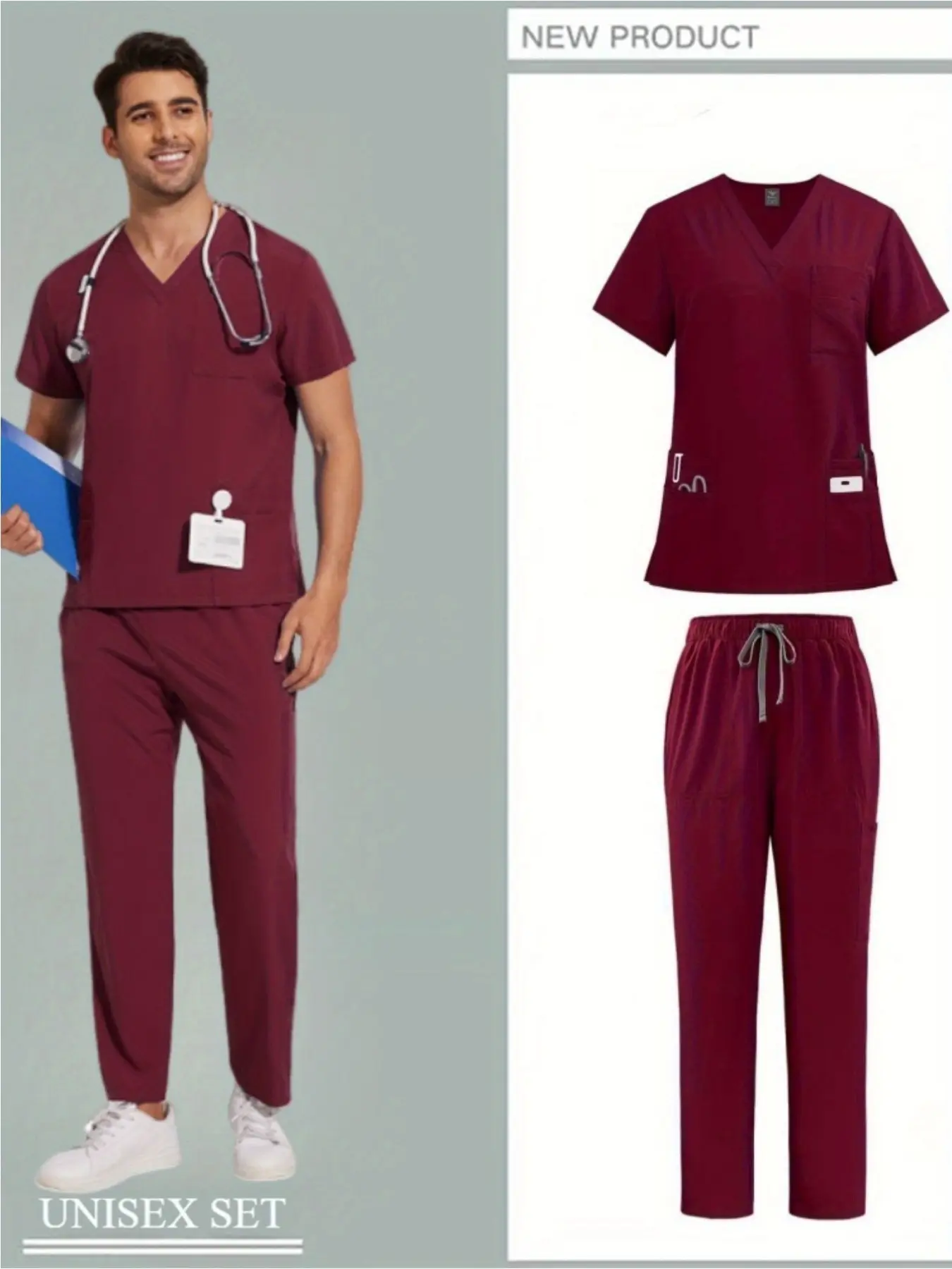 Summer Two-Piece Solid Color Stretch Scrub Set - Short Sleeve with Pockets, Micro Elastic Polyester Fabric, Drawstring Pants - Medical & Healthcare Uniform for Men, Casual Wear Burgundy
