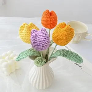 Crochet Flowers, 7PCS Fake Tulips Artificial Flowers Handmade Knitted Tulip Bouquet Crochet Flower Bouquet Table Centerpieces Gift for Women