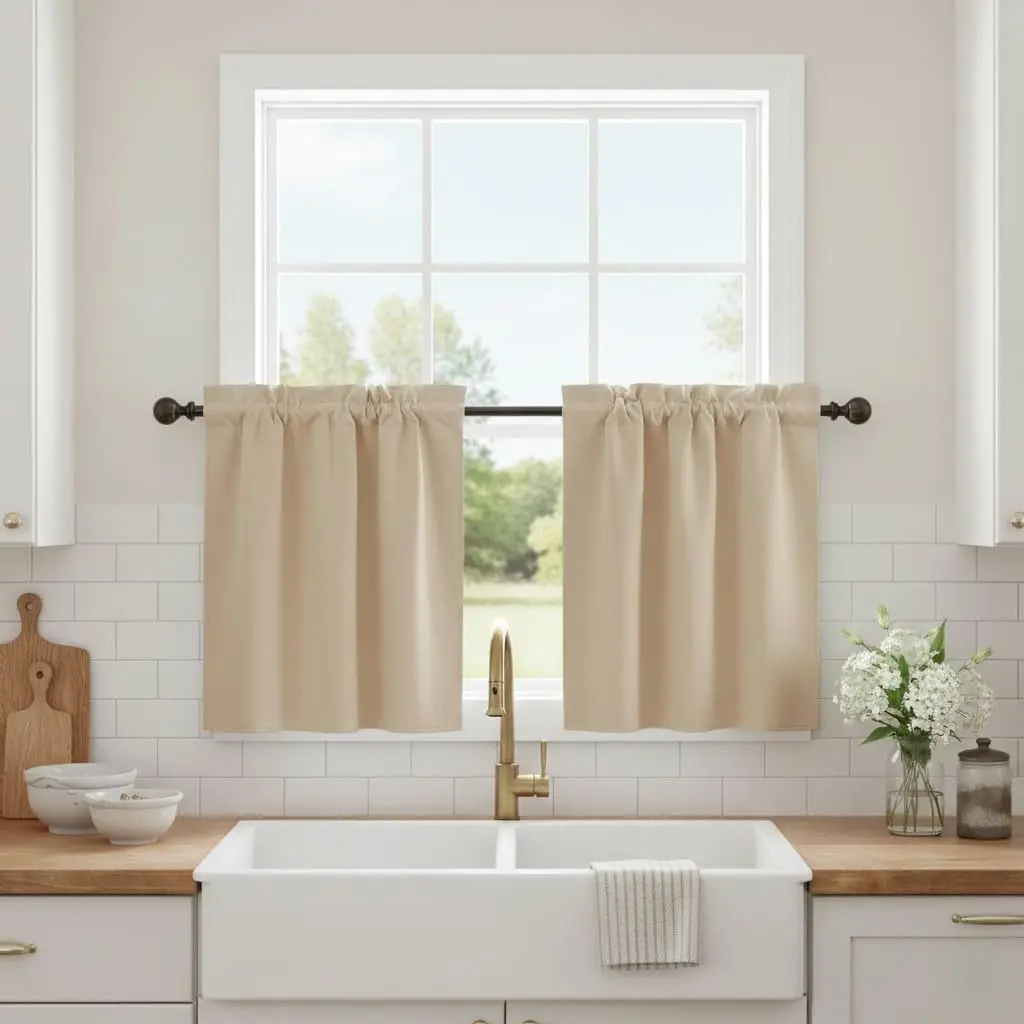 NICETOWN Short Blackout Curtains - Thermal Insulated Window Treatment Small Curtain Tiers for Living Room/Kitchen, 2 Panels, 29" W by 24" L +1.6" Header, Biscotti Beige (Maximum Usable Length: 25.6")