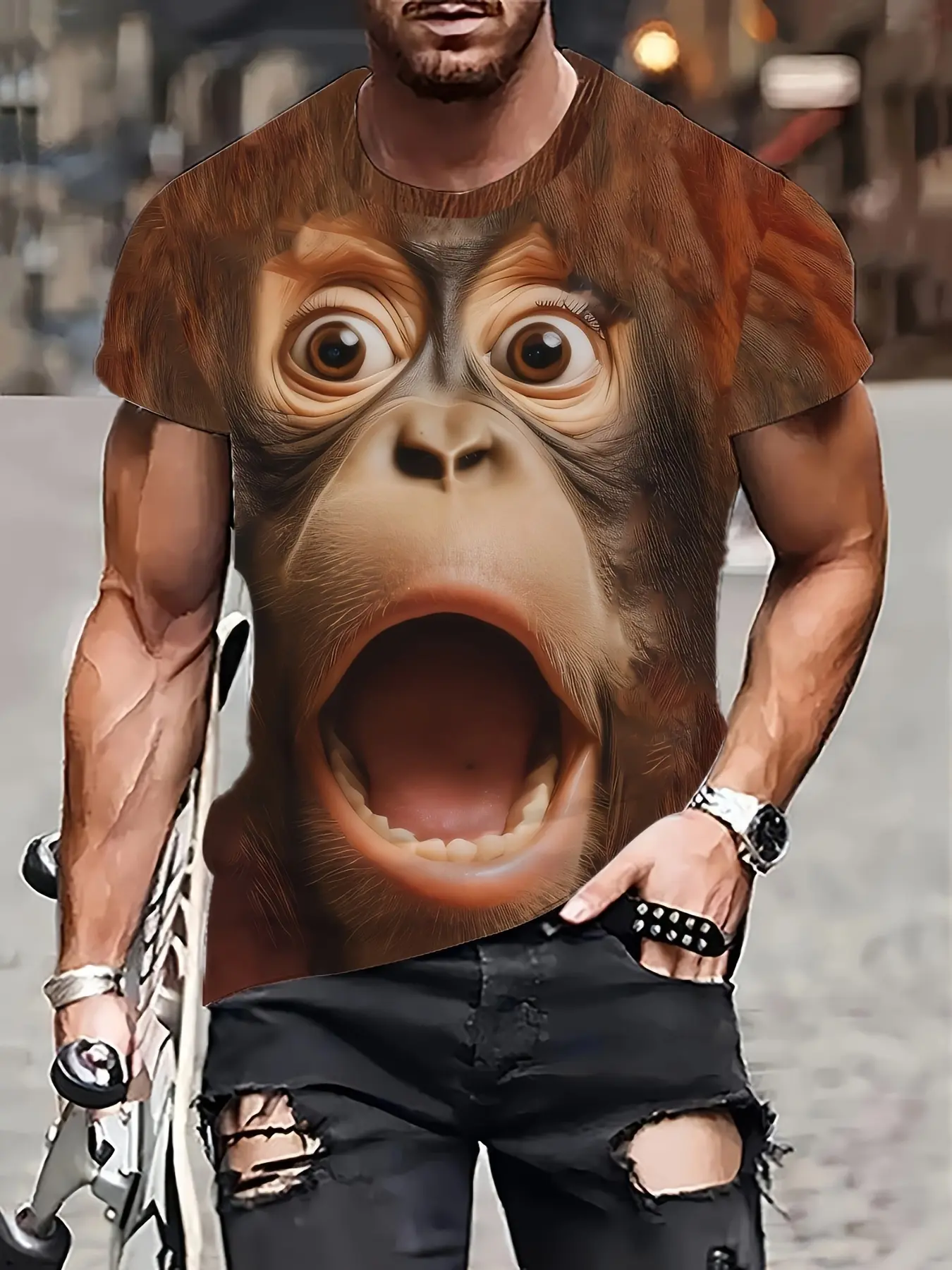Men's Casual Gorilla Face Graphic T-Shirt Animal Tee - 100% Polyester, Short Sleeve, Round Neck, Machine Washable, Summer Streetwear, Lightweight