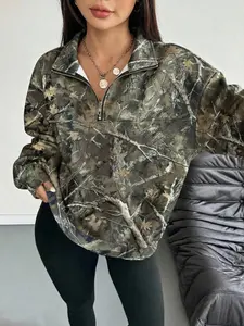 Women's Hooded Half-Zip Casual Collared Round Neck Long Sleeve Sport Top, Full Print Leaf Pattern, Digital Printing, Loose Fit, Fall & Winter, Pullover Sweatshirts, Hoodie Sweatshirts