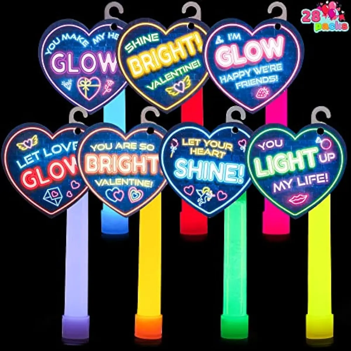 28 Packs Valentine's Day Gifts Cards with Ultra Bright Large Glow Sticks for Kids, Waterproof Glow Sticks for Valentine's Party Favors, Valentines Classroom Exchange Toy, School Prizes