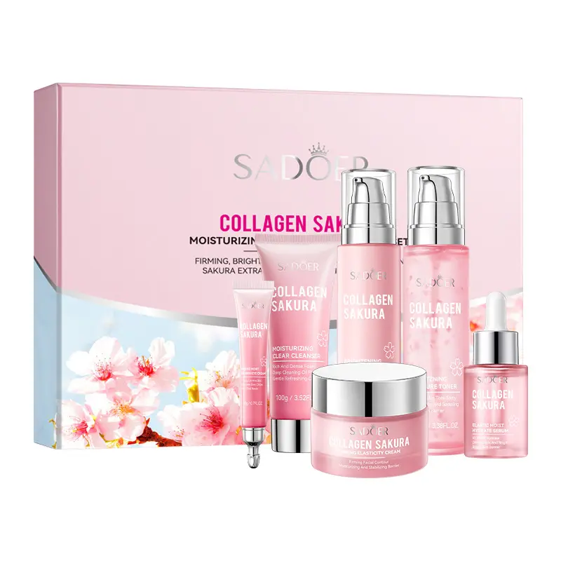 Sakura Collagen 6-Piece Daily Facial Skincare Kit - Cleanser, Moisturizer, Lotion, Cream, Serum, Brightening, Hydrating, Revitalizing, Deep Repair for Delicate Tender Skin, Ideal Gift