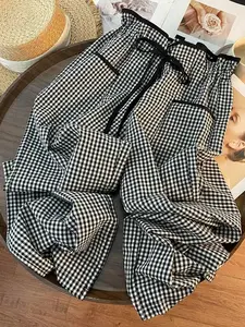1 Piece Women's Spring Summer Gingham Wide Leg Pants, Casual High Waisted High Waist Elastic Waistband Casual Trousers, Loose Straight Leg Flowy Pants for Daily Commute