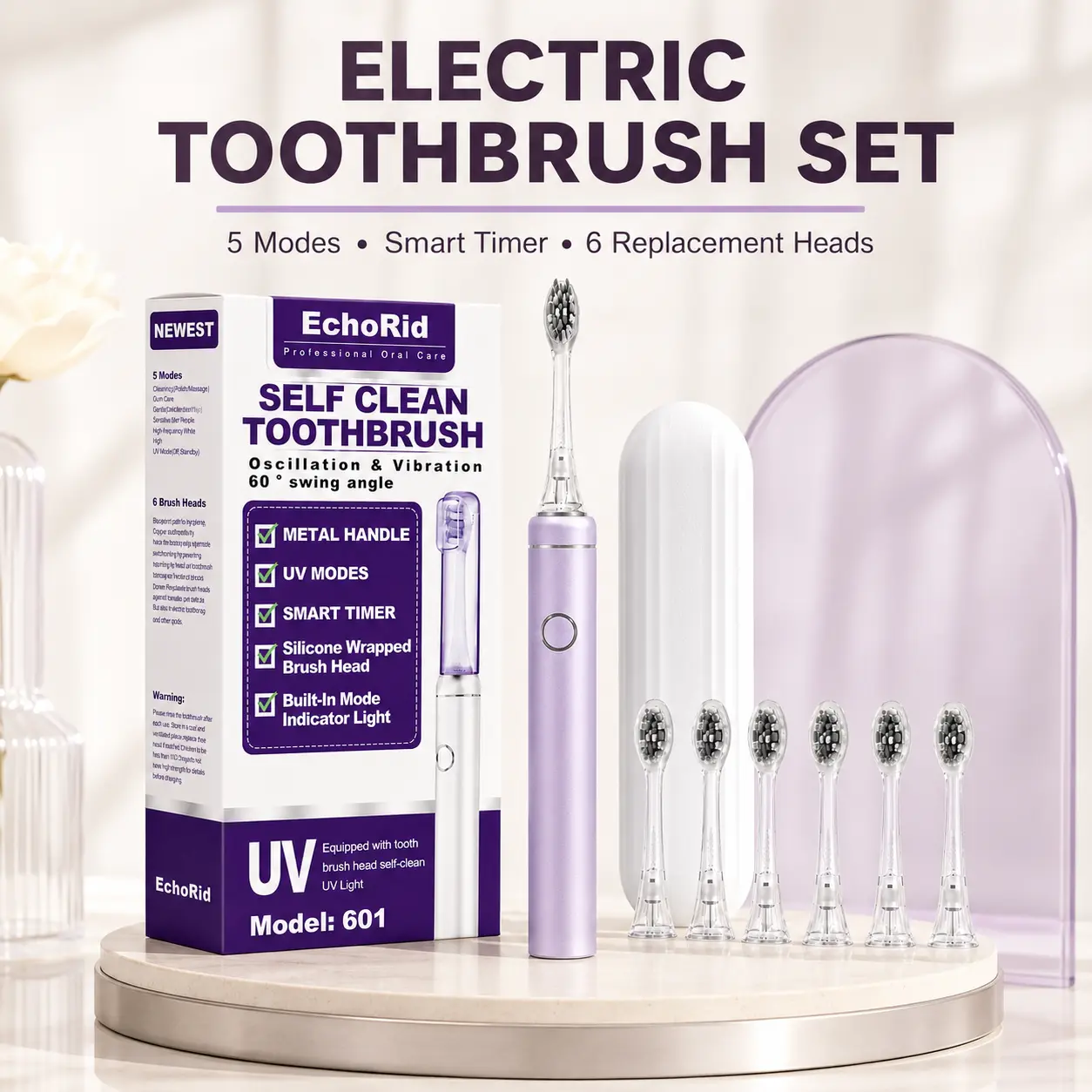 Electric Toothbrush Set with 6 Replacement Brush Heads, 5 Brushing Modes, Smart Timer, Metal Handle & UV Brush Head Storage Cover