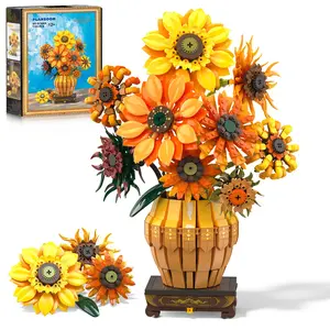 Sunflower Building Set with Lights Vase Base, Flowers Botanical Collection Building Block Home Decor, 1180PCS Art Flower Bouquet Bonsai Plant Building Kit Gift for Adults Teens Girls Boys 12+