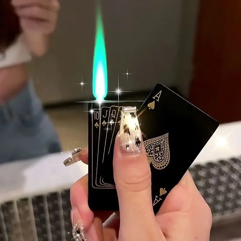 Men's lighter, green flame lighter, inflatable butane lighter, cool windproof design, metal material, suitable for indoor and outdoor use (does not contain butane gas/requires your own gas)