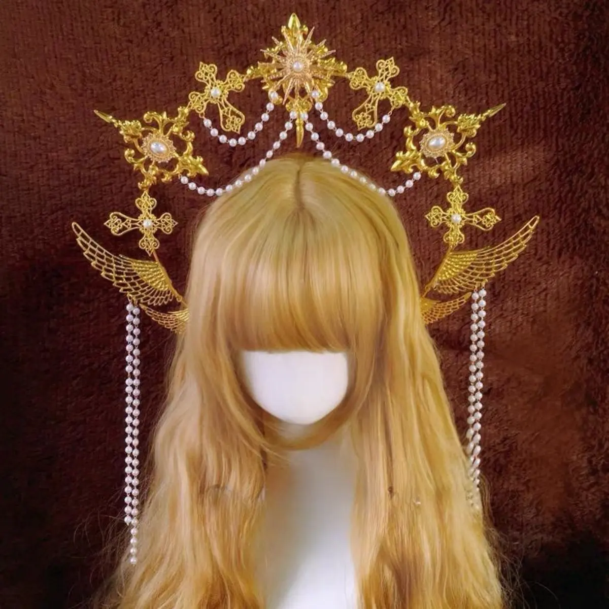 Gold Baroque Headband for Female, a 1g Goddess Halo with Winged Pearl Tassels for Bridal & Halloween Costumes, Winged Motifs, Gold Wings Black Rose Headband