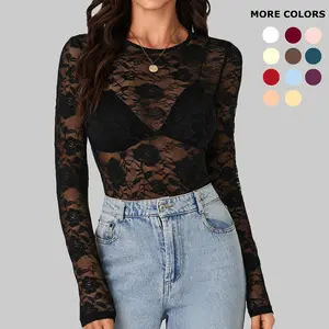 LYANERS Women's Sexy Mesh Top Floral Long Sleeve See Through Shirt Lace Sheer Blouses Womenswear(DR)
