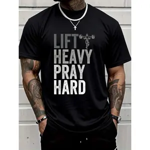 100% Cotton Lift Heavy Pray Hard Gym Jesus Christian Faith Men T-ShirtFashion Printing TshirtFashion Printing Tshirt Men Graphic Tee