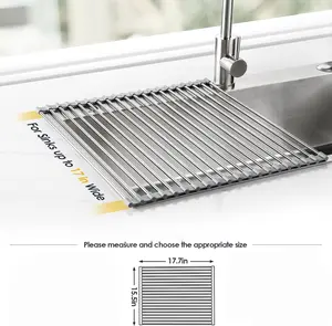 17.7" x 15.5" Roll Up Dish Drying Rack Over Sink Drying Rack Sink Cover Kitchen Sink Accessories Gadget Multipurpose Organizer Foldable Stainless Steel Drainer (Grey)