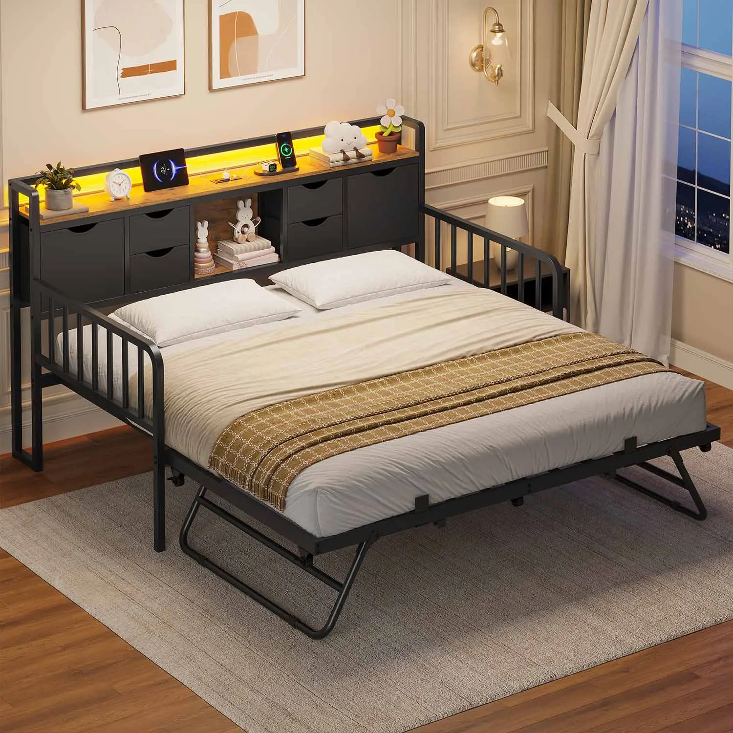 SIKAIC Modern Twin Day Bed with Pull Out Trundle, Bedside Bookcase Headboard, USB Port Charging Station, Space-Saving Black Metal Storage Bed Frame, Easy to Assemble, Modern Bedroom Furniture, Platform Bed Design