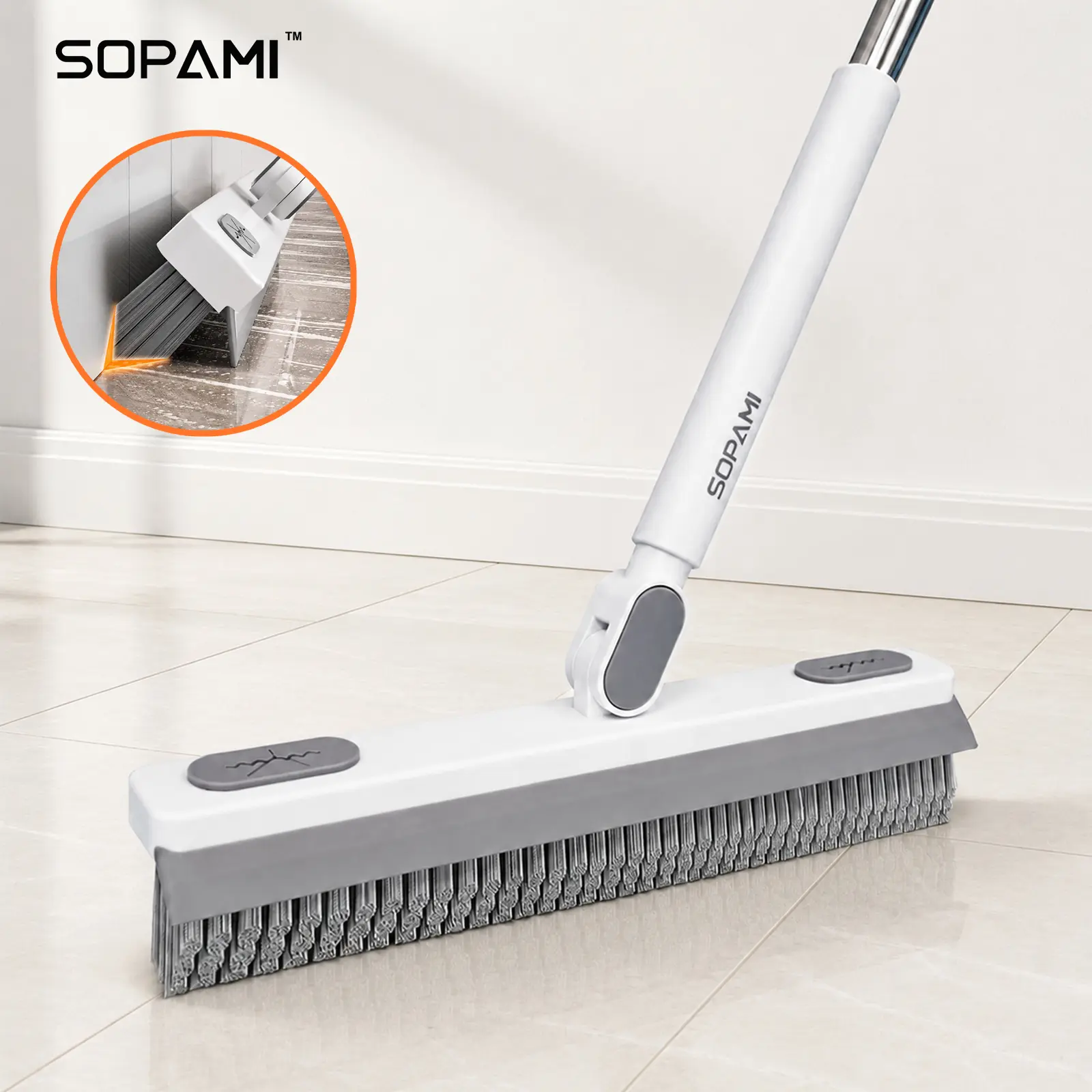 SOPAMI Adjustable Floor Scrub Brush with V-Shaped Bristles, 180° Rotating Tile Grout Cleaner with Squeegee, 3 Length Stainless Steel Handle, Multi-Surface Scrubber for Bathroom Tile, Marble, Sliding Track, Carpet, Toilet Edge Deep Cleaning
