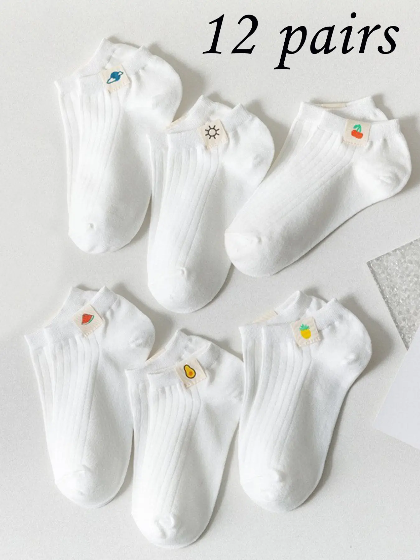 12 Pairs Thin Low-Cut Fruit Label Cute Japanese Style Short Tube Fashion Socks, Comfortable and Stylish Footwear for Daily Wear