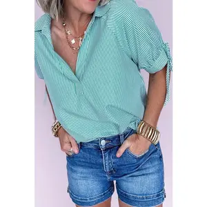 Mint Green Striped V Neck Collared Bubble Sleeve Blouse