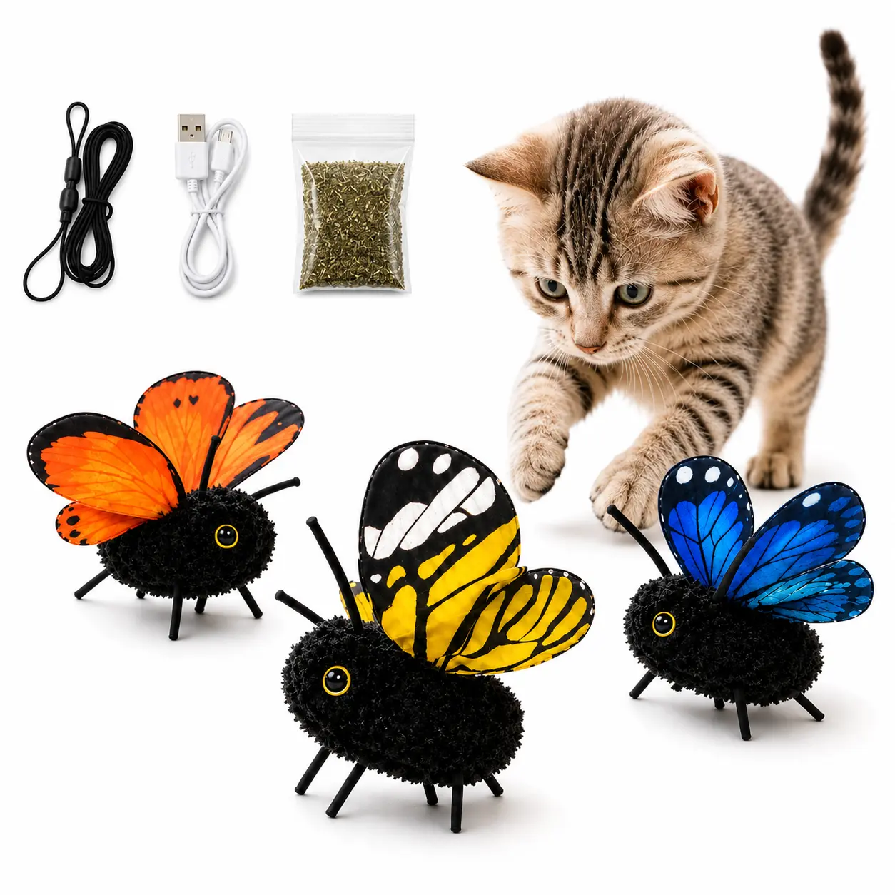 Interactive Electric Butterfly Cat Toy - 3 Smart Flying Modes, USB Rechargeable Hanging Teaser, Washable Cover for Indoor Cats