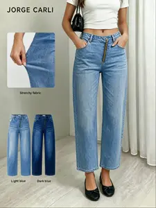 JORGE CARLI  Women's Mid-Waist Elastic Straight Leg Denim Jeans, Front Zipper Design, Casual Office Wear, Versatile Nine-Part Wide Leg Pants