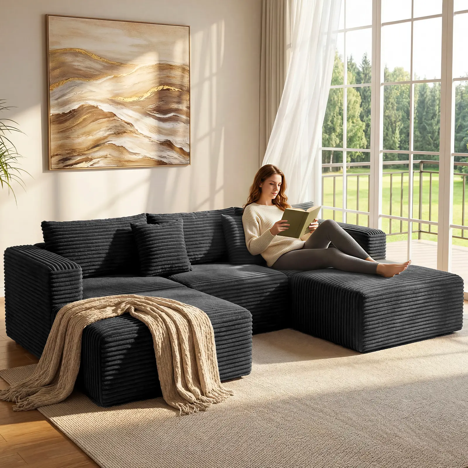 【Summer vibes】110" U-Shaped Modern Chenille Boneless Cloud Sectional Couch - Black Indoor Living Room Cushion Sofa with Pure Compression Sponge, 3-Package Shipping, Hidden Storage, L-Shape, Cloud-Soft, Compact, Dark Sofa Sets, L-Shape Sofa Sets