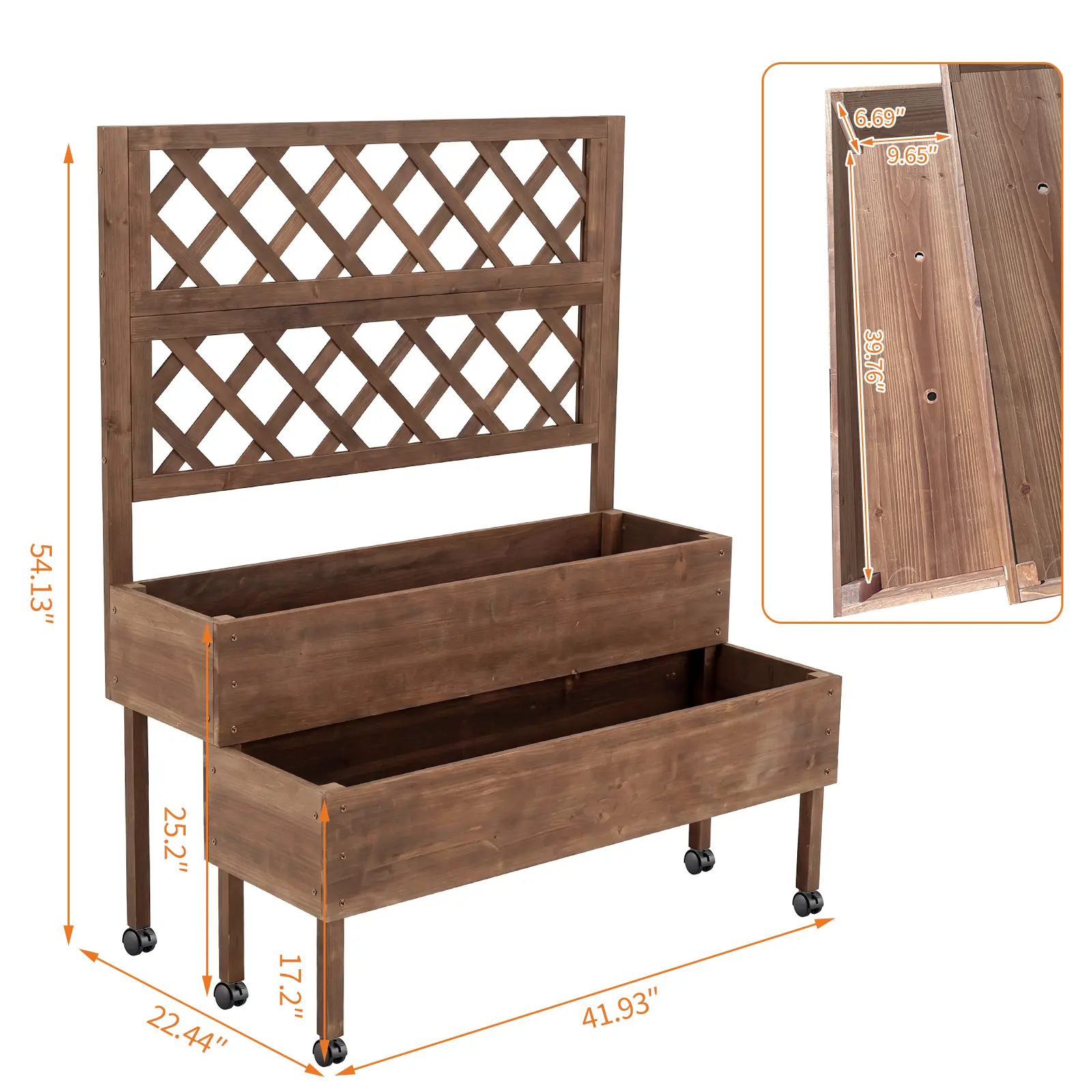 2-Tier Wooden Raised Planter Box with Trellis – Mobile Vertical Flower Bed on Wheels, Drainage Holes, Privacy Screen, Ideal for Climbing Plants, Urban Gardening, Patio & Balcony