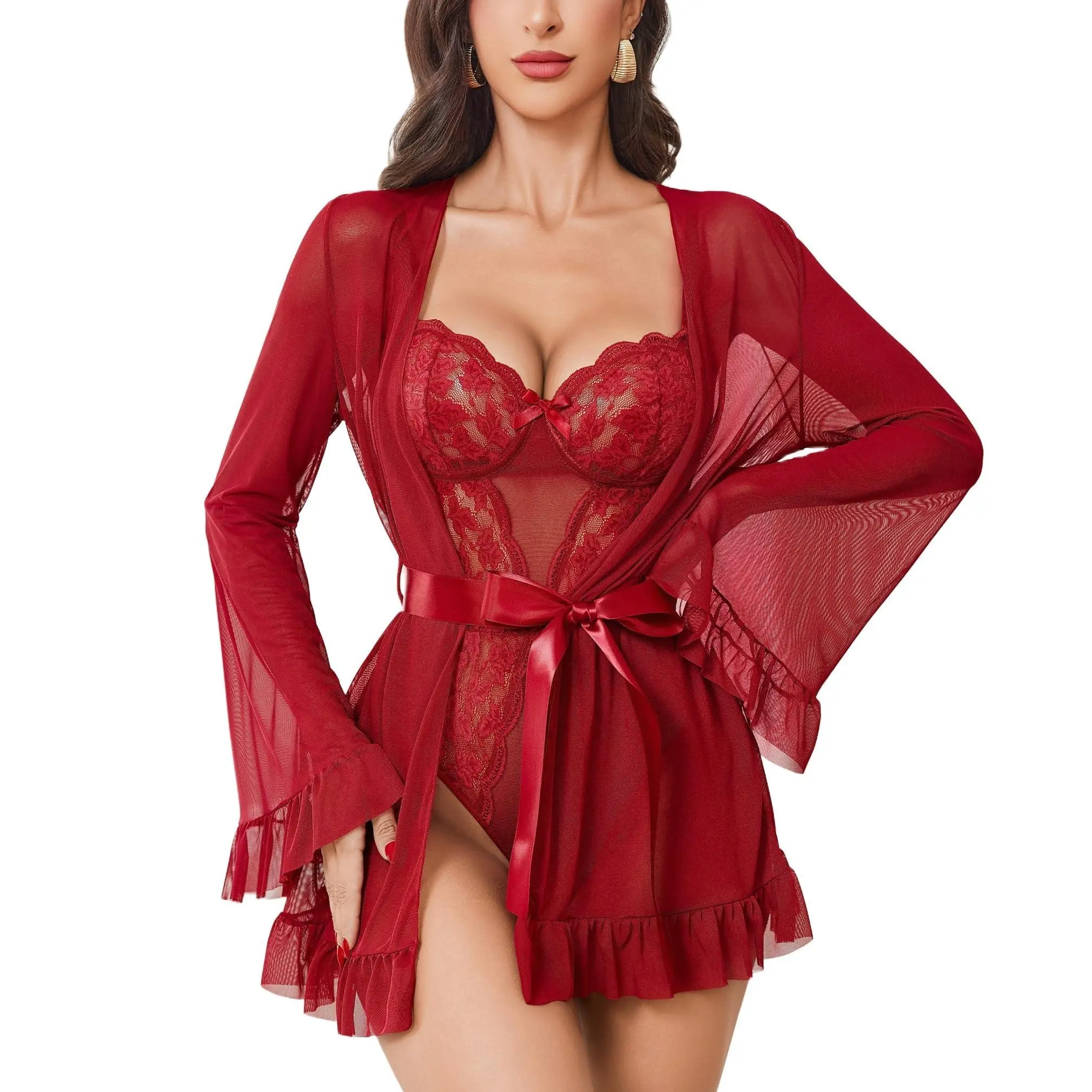 Avidlove Women Lingerie Set 2 Piece Sheer Kimono Robe with Lace Teddy Lingerie Bodysuit