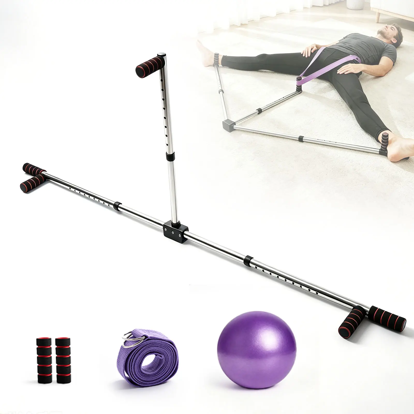 Leg Stretcher, 3 Bar Stainless Steel Split Machine, 9-Hole Adjustable Stretching Training Machine for Yoga, Gym, Fitness, with Yoga Ball