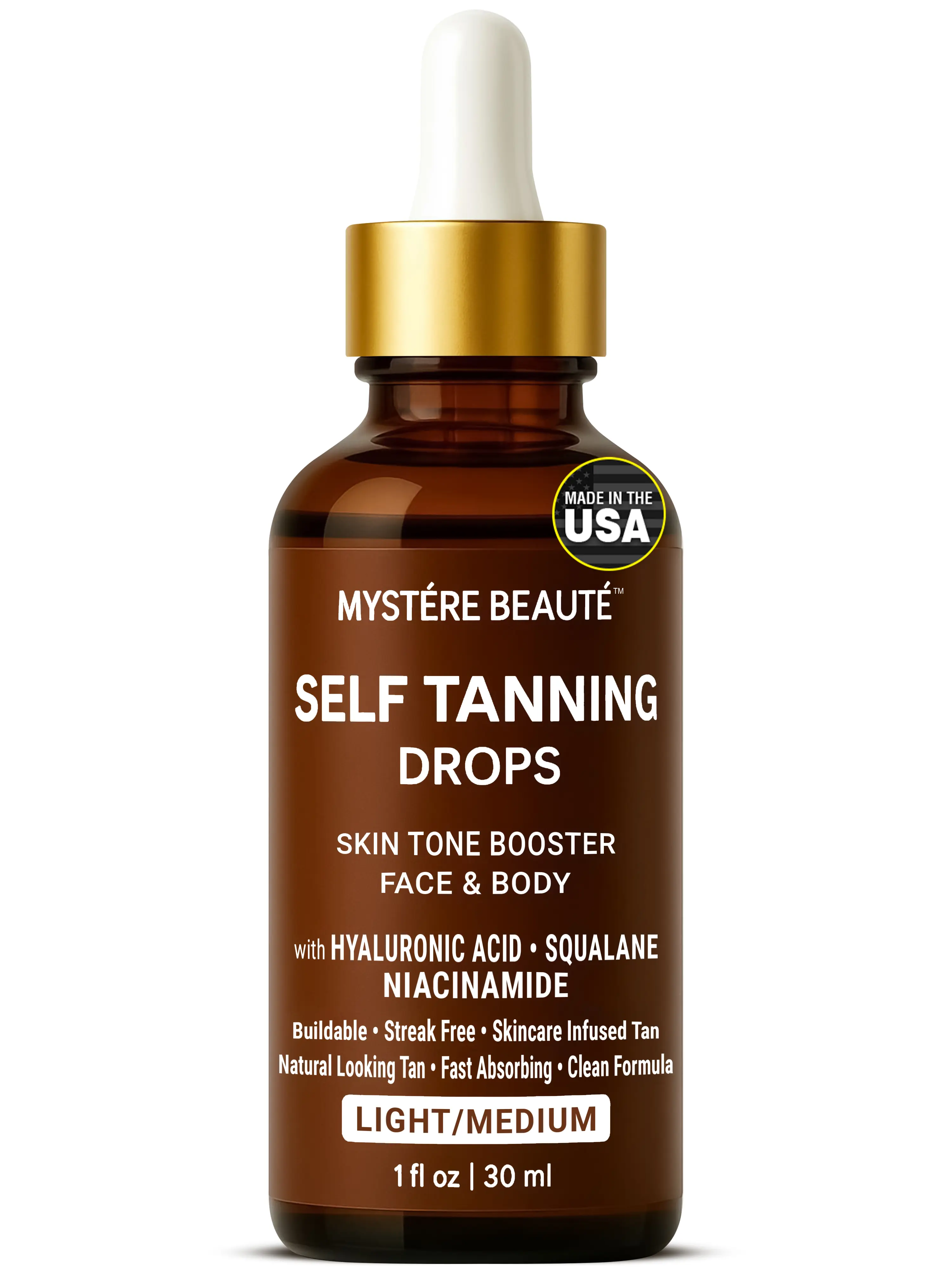 Hydrating Self Tanning Drops – LIGHT/MEDIUM – Face & Body Tint with DHA, Hyaluronic Acid, Squalane & Niacinamide – Natural-Looking Tan – MYSTERE BEAUTE – 1 fl oz