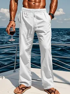 Men's Fashionable Linen Long Pants for Comfort and Breathability, Simple Solid Color Plain Design for Street Style and Beach Outings, Versatile Casual Wear