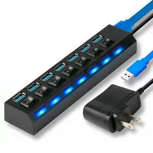 HOMEYA 7 Ports USB 3.0 Hub for PC, Powered Splitter with Individual ON/OFF Switches, 5Gbps HighSpeed Data USB Extension for Laptop, iMac, USB Flash Drives, Mobile HDD, Printer, Camera and More