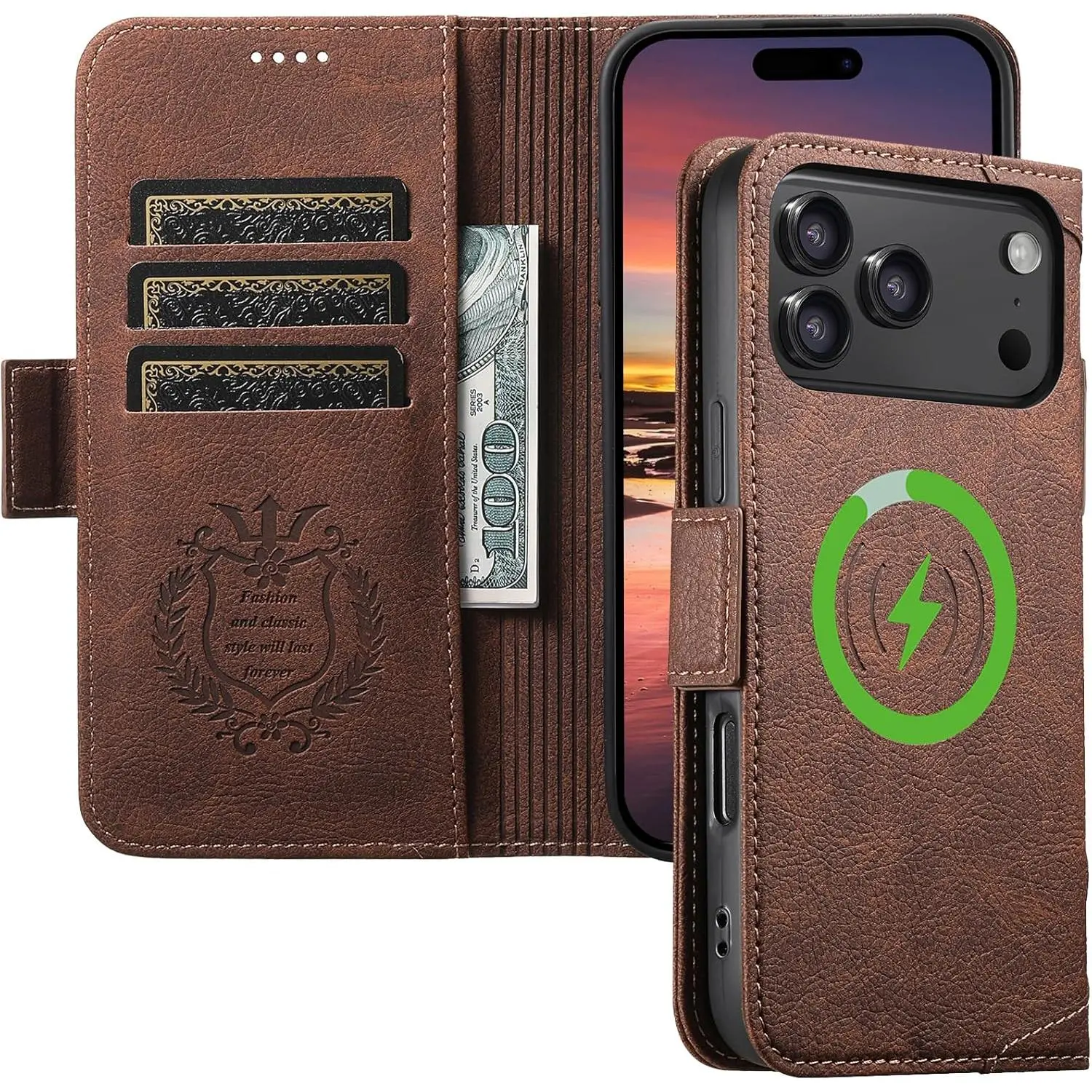 Premium Brown Leather Magnetic Wallet Case Protector for iPhone 17 Pro Max - MagSafe Compatible, Wireless Charging Support, 3 Card Slots, ID Holder, Kickstand, 360-Degree Military Shockproof, Classic Look, Brown Leather, Classic Look