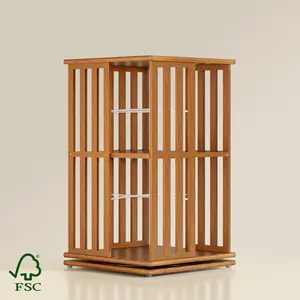 YOWOS 360° Rotating Bamboo Bookshelf - "Meridian" Series 2-Tier Aesthetic Spinning Bookcase, Narrow Space-Saving Storage Tower for Home Office, Living Room & Bedroom - Eco-Friendly Sustainable Wood Display Rack