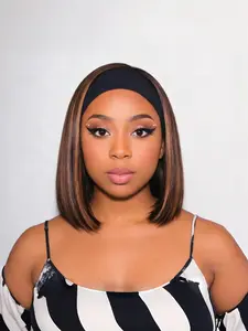 Straight Bob Headband Wig for Women, Glueless Wear and Go Synthetic Half Wig, No Lace Shoulder Length, #4/27 with Honey Blonde Highlight, Glueless Bob Wigs