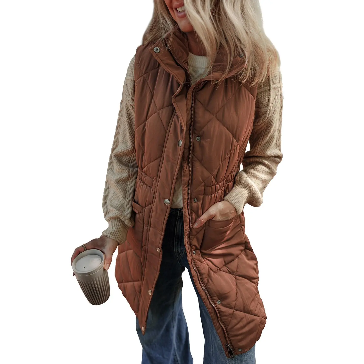 Women's Coffee Quilted Longline Puffer Vest with Stand Collar