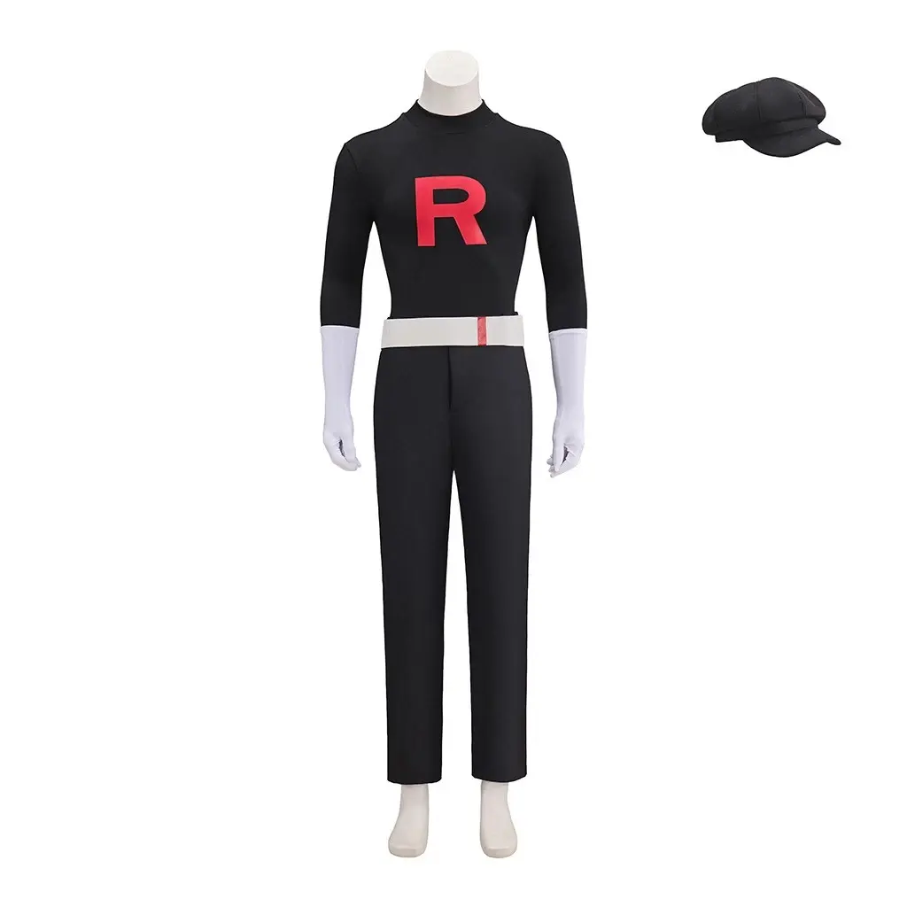 Men‘s Team Rocket Grunt Cosplay Costume Black Uniform with Hat Outfit