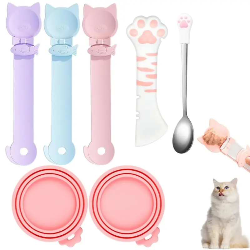 7-Pieces Cute Paw-Shape Cartoon Cat Pet Can Feeding Tools Set - Silicone Can Opener, Reusable Can Covers, Multi-Use Portion Control Measuring Spoons for Cat Wet Food Storage & Daily Feedings