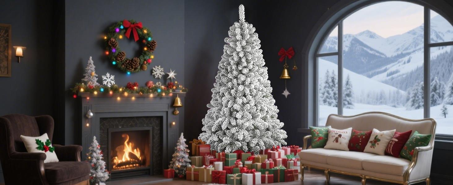 SHareconn 4/ 5/ 6/ 7.5/ 9/ 12FT Pre-Lit RGB Lights Snow Flocked Christmas Tree with Remote Control, Deluxe Hinged Design, Ideal Xmas Decoration