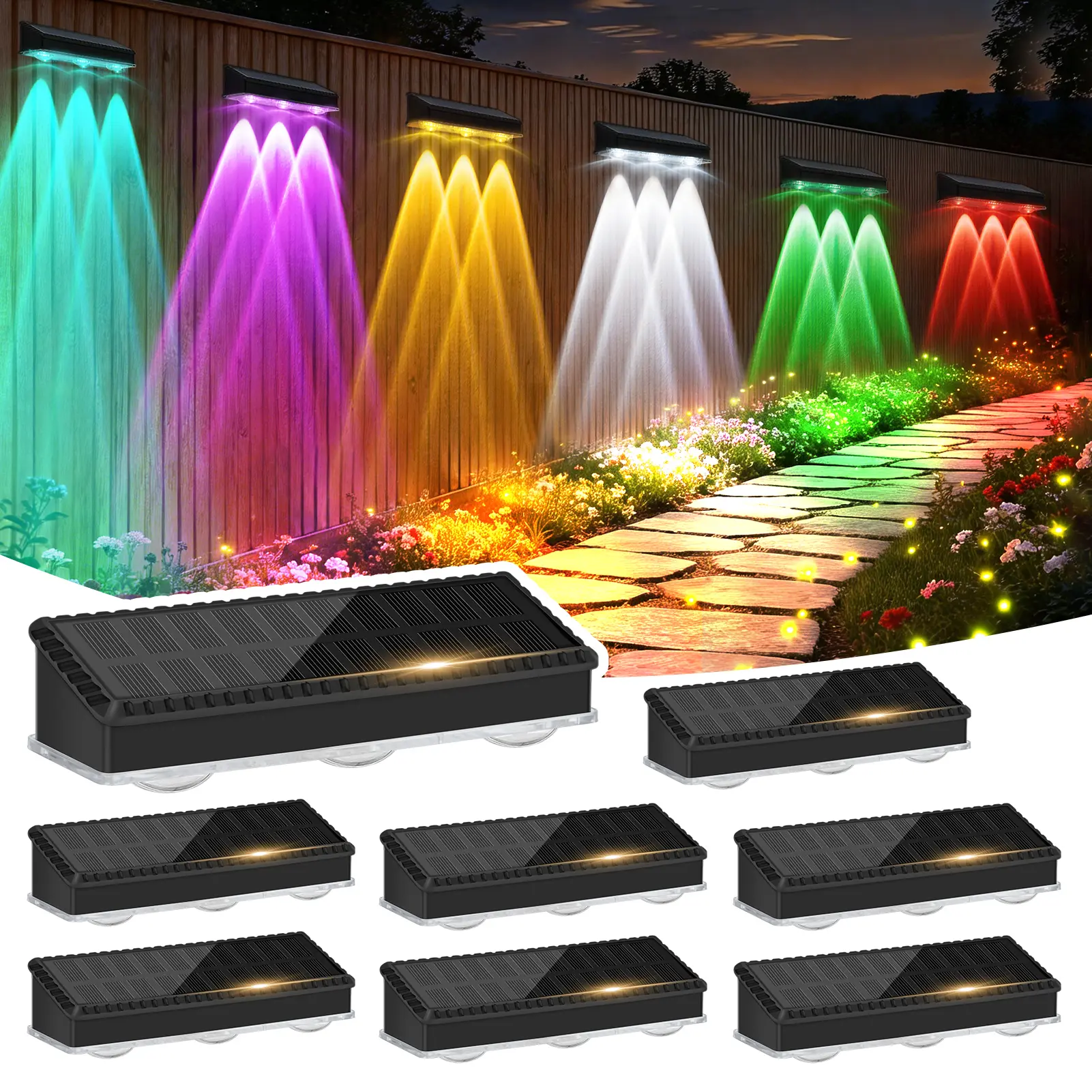 echosari Solar Fence Lights Outdoor 8 Pack Waterproof High Brightness Upgraded 3 LED Lens Solor Deck Lights Warm & Cool White RGB Outside Solar Powered Wall Light for Backyard Patio Step Railing