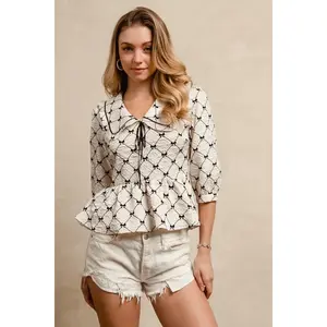 BiBi Bow Prints-patterns Ruffle Collar Details Peplum Top