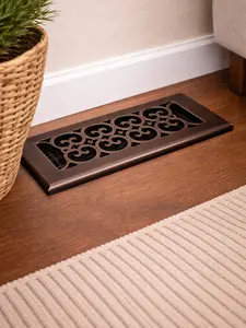 Decor Grates 4 in. x 10 in. Oriental Steel Floor Register – Textured Black, Durable Vent Cover with Adjustable Damper