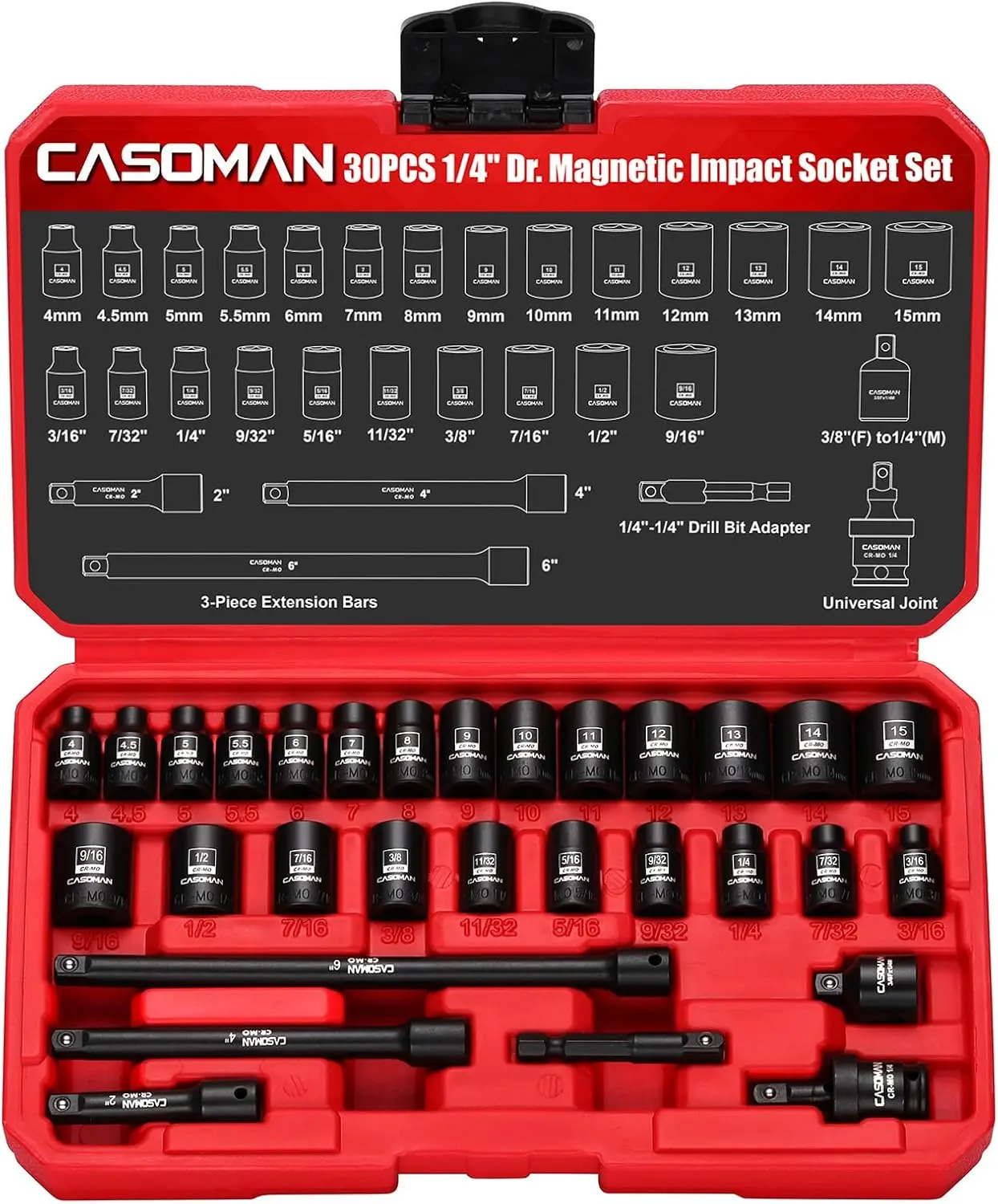 CASOMAN 30PCS 1/4” Drive Magnetic Shallow Impact Socket Set, 6 Point, CR-MO, SAE & Metric, Include Extension Bars, Socket & Hex shank Adapters, Universal Joint