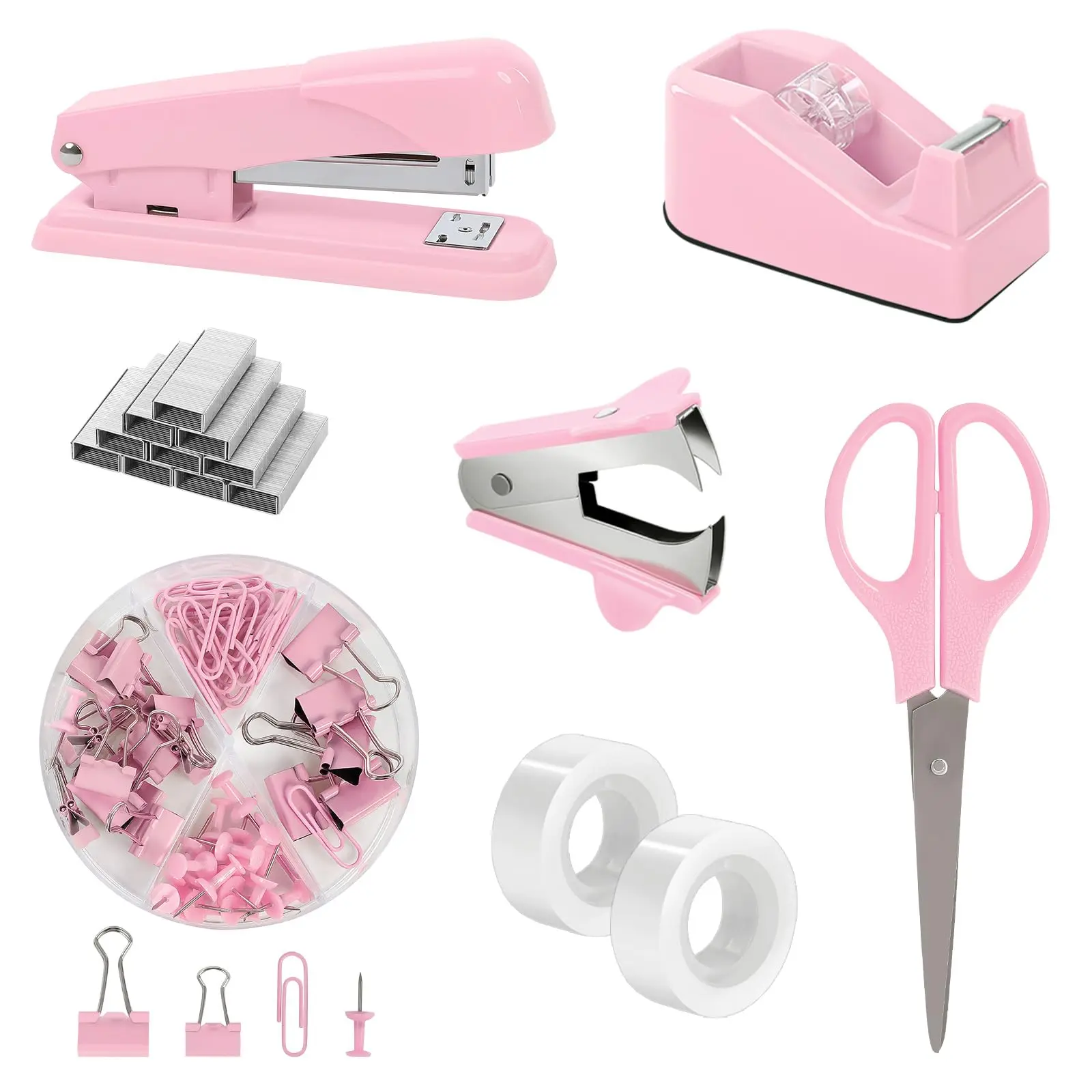 SKYDUE Pink Multifunctional Home Office Stationery Set - Girly Supplies, Space-Saver Accessories, Includes Stapler, Tape Dispenser, Scissors, Clips, 1000pcs Staples, Ideal for Women, Birthdays, Back to School, Multifunctional Stationery