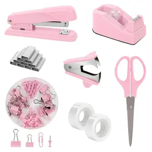 SKYDUE Pink Office Desk Accessories, Pink Office Supplies, Stapler, Tape Dispenser, Scissors, Clips and 1000pcs Staples,Desk Supplies for Women