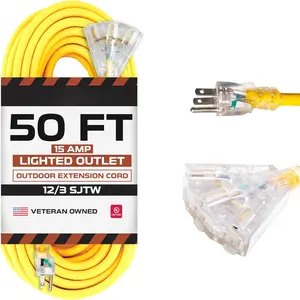 50 Foot Lighted Outdoor Extension Cord with 3 Electrical Power Outlets - 12/3 SJTW Heavy Duty Yellow Extension  with 3 Prong Grounded Plug for Safety, 15 AMP