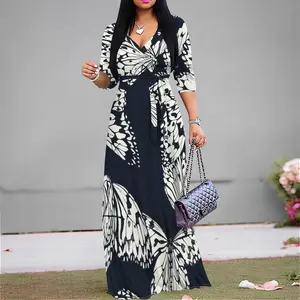 Women's Elegant Butterfly Print Wrap Dress with Belt Long Sleeve V-Neck Maxi Dress Flowy Skirt Sophisticated Black and White Botanical Evening Gown for Special Occasions