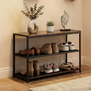 Sweetcrispy 3-Tier Industrial Shoe Bench with Storage - Metal Frame, Compact Shoe Rack Organizer, Mesh Shelves, Engineered Wood, Easy Setup for Entryway, Hallway