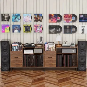 OPUL Record Player Stand with Adjustable Shelves, Holds 350+ Vinyls, Media Console with Speaker Shelf & 2 Drawers, Medieval Turntable Stand, 27.6" Turntable TV Stand for Living Room, Bedroom, Some Assembly Required